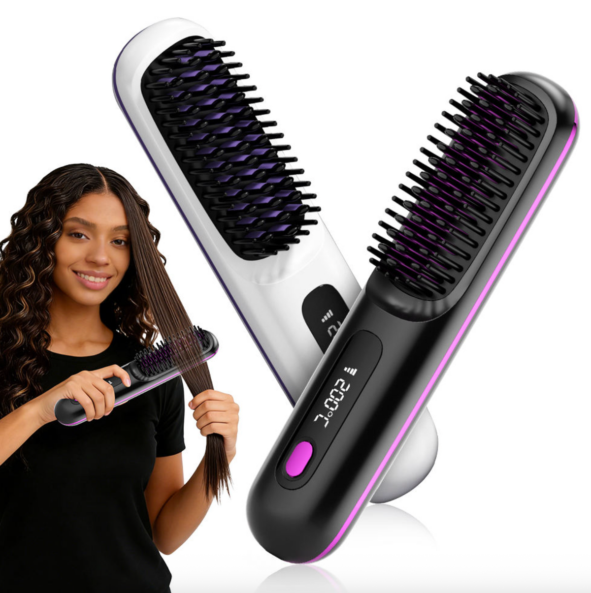 Wireless Cordless Hair Straightener Brush – Portable Ceramic Heating Comb with Negative Ion Technology