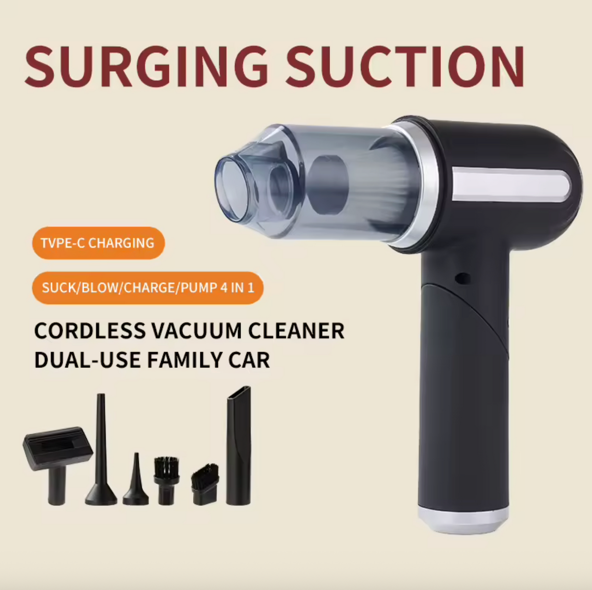 4-in-1 Cordless Mini Car Vacuum Cleaner – Portable Handheld Cleaning Device